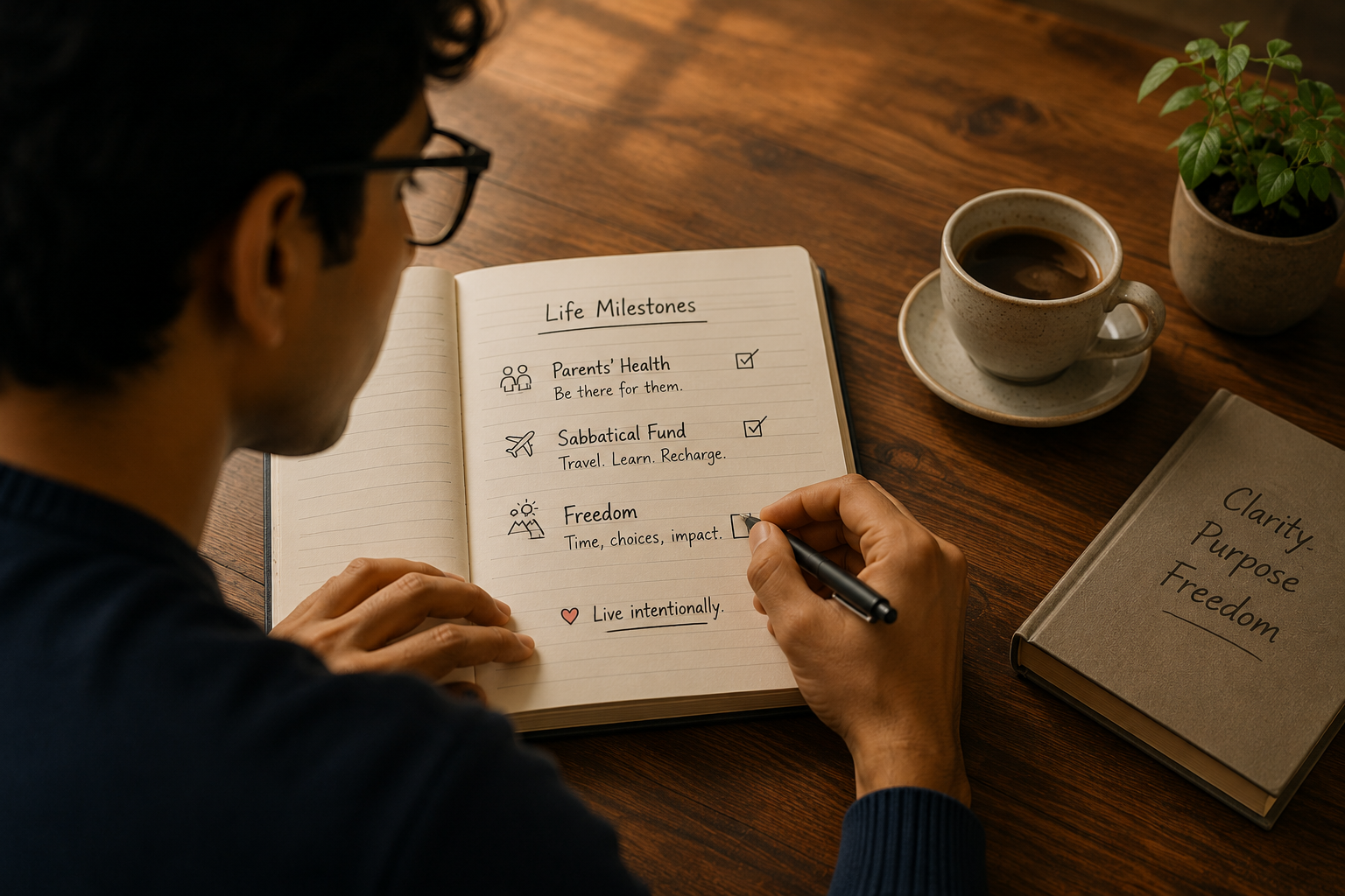 A notebook with life goals written down