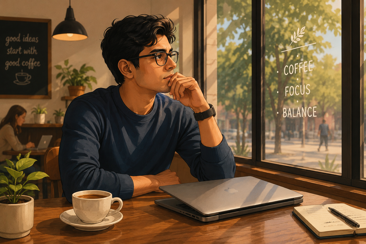 Rahul sitting at a cafe