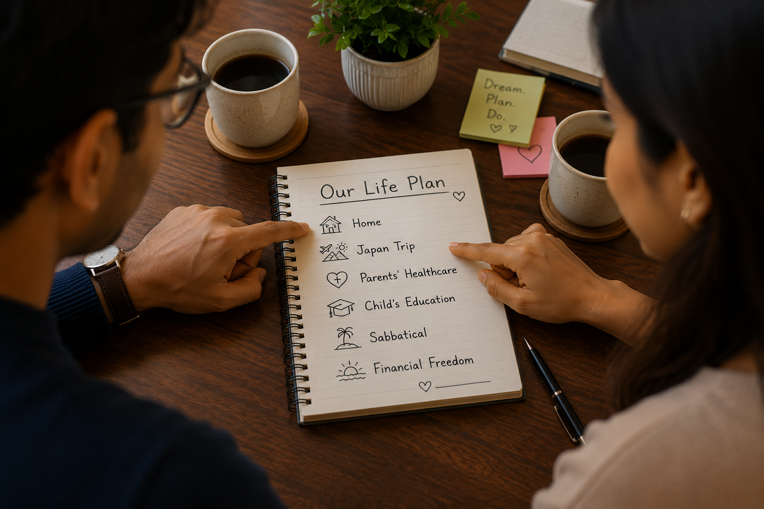 Over-the-shoulder view of a notebook titled Our Life Plan