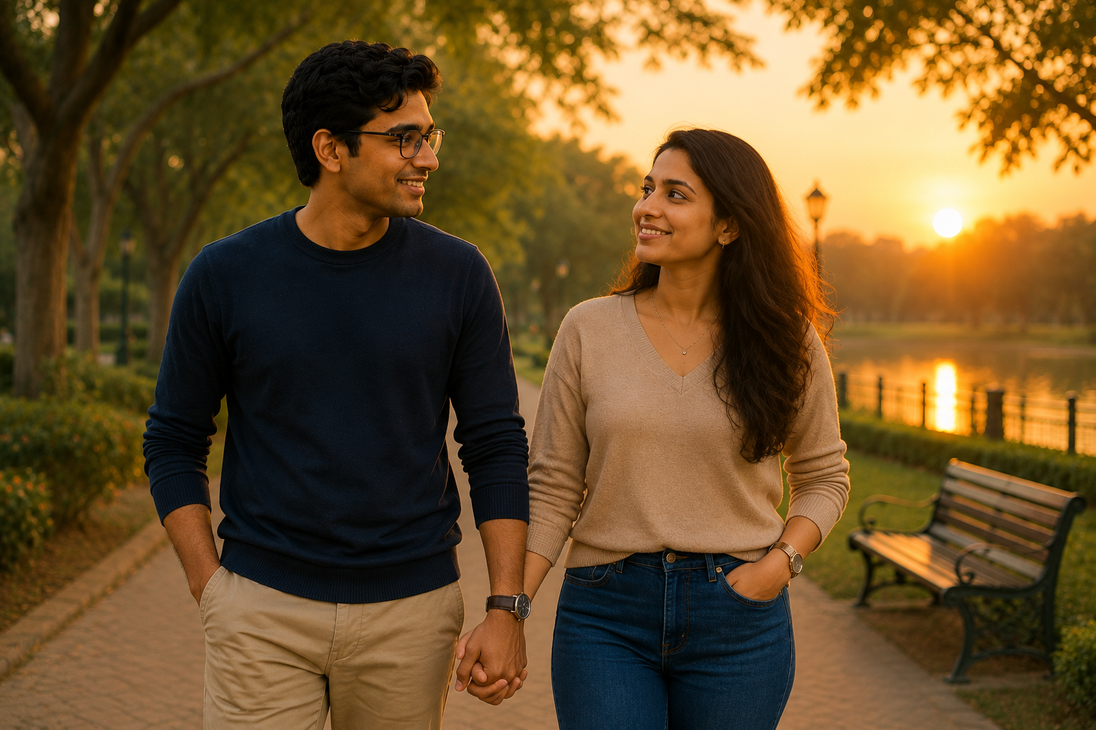 Aditi and Karan walking hand in hand through a quiet park at sunset