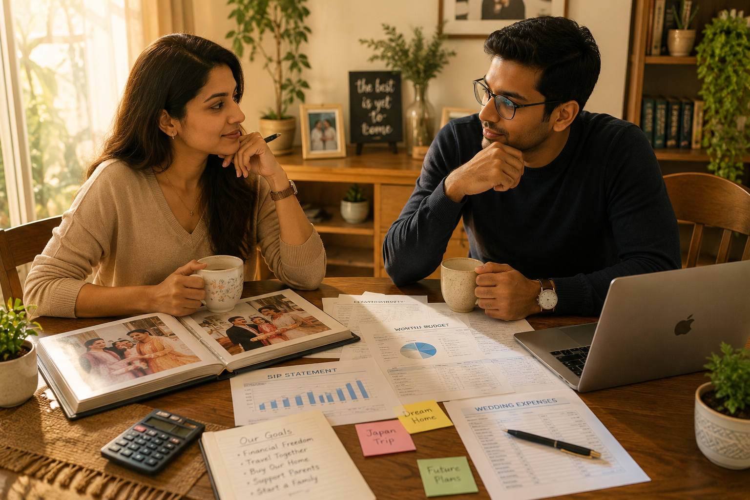 Aditi and Karan sitting thoughtfully across a dining table