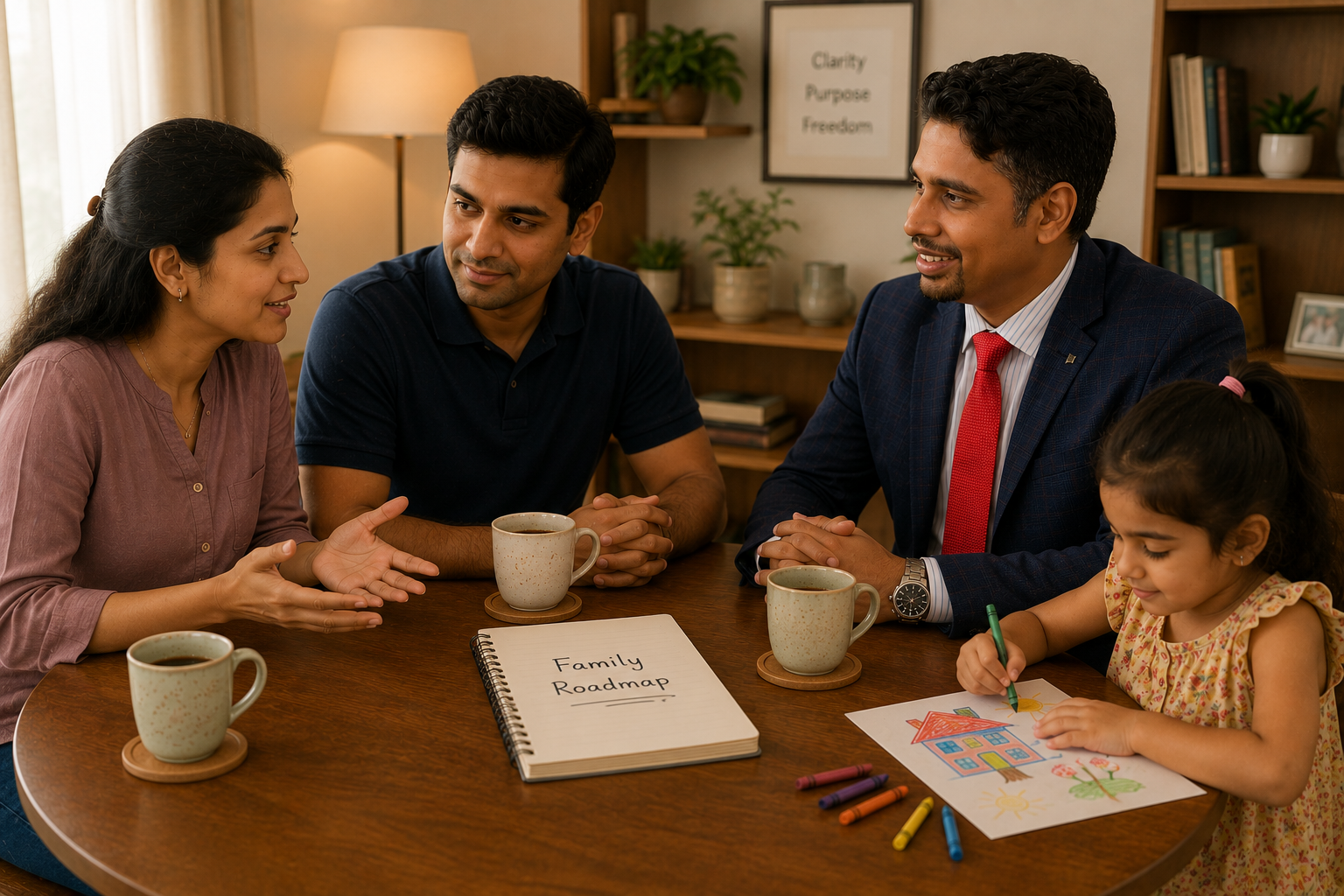 Meeting at a round wooden table. Planner listens while couple speaks. Daughter colors in the corner.