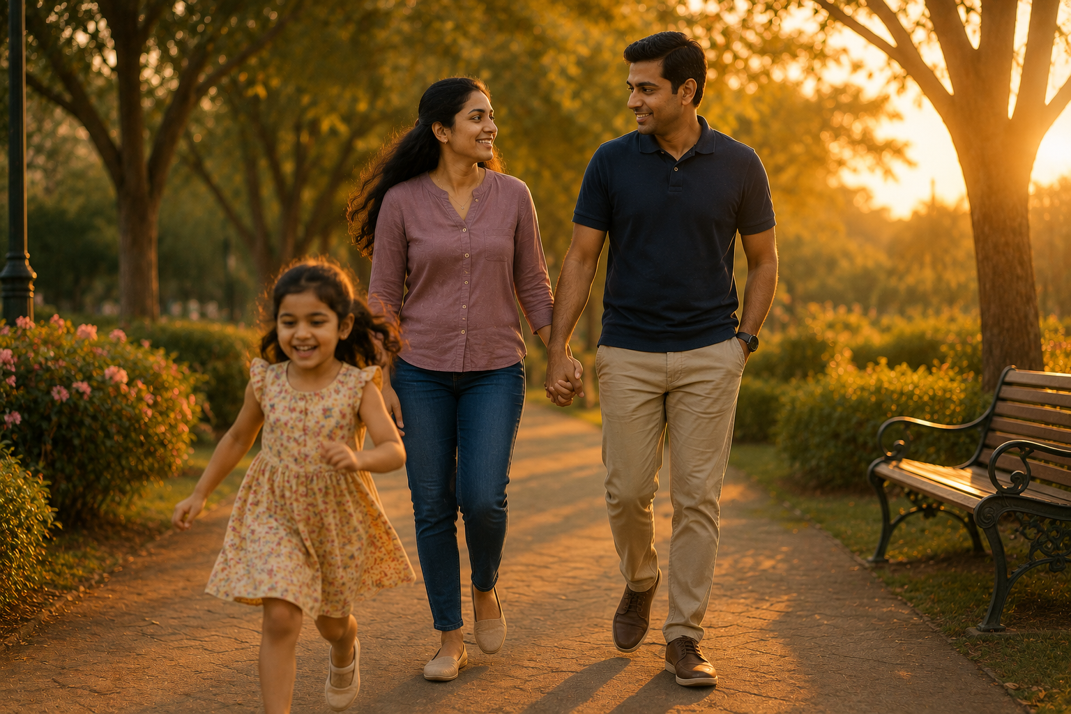 Family walking through a park in golden evening light. Daughter runs ahead laughing. Parents hold hands.