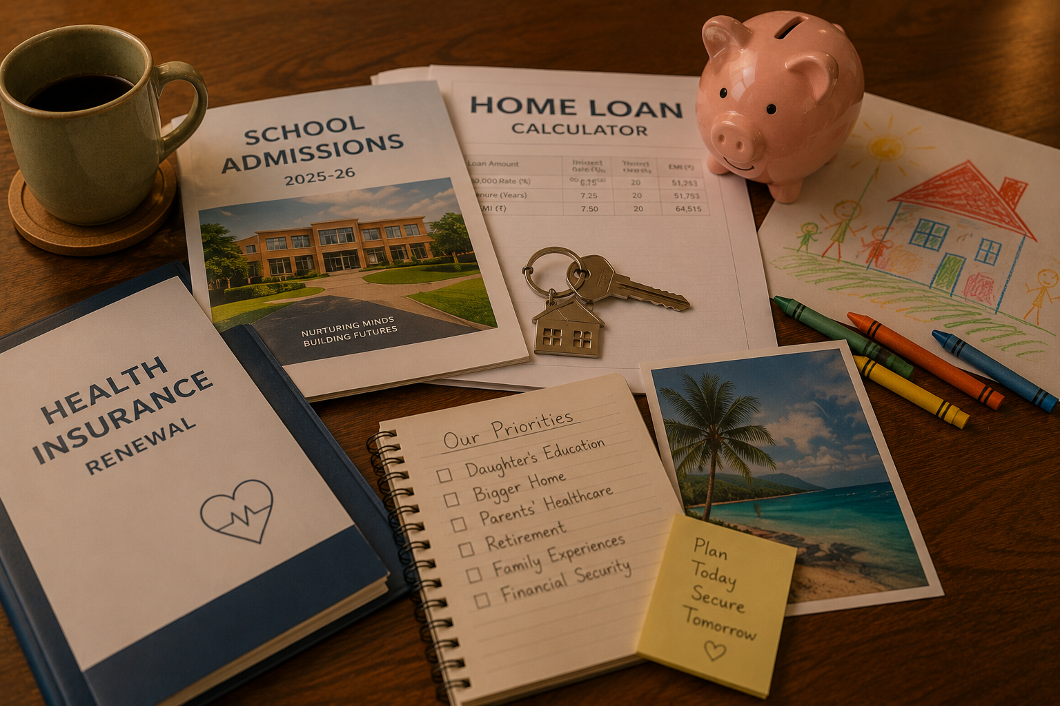 Close-up of overlapping items: school brochure, house keys, medical file, vacation photo, piggy bank, and crayons