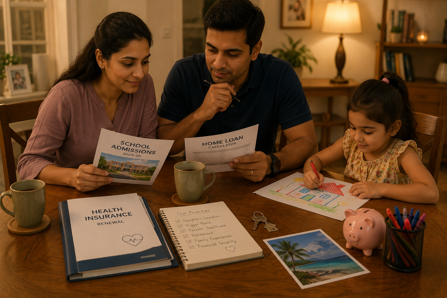 Neha and Arjun sitting at a dining table reviewing papers while their daughter colors nearby