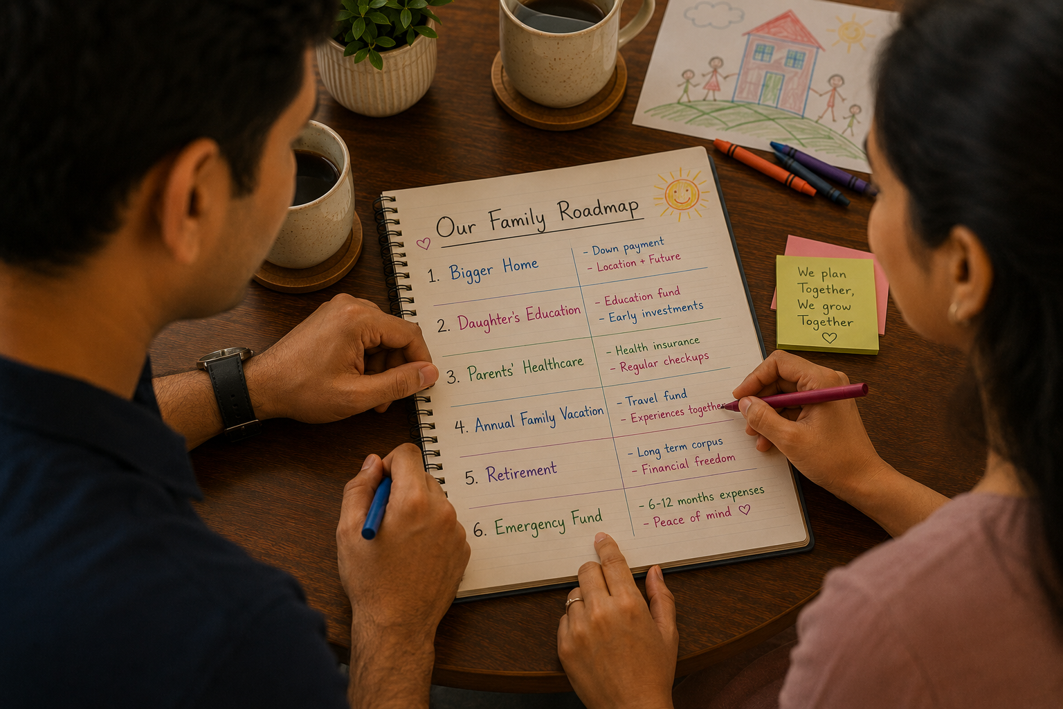 Over-the-shoulder view of a notebook titled Our Family Roadmap with handwritten milestones and a child's drawing of a sun
