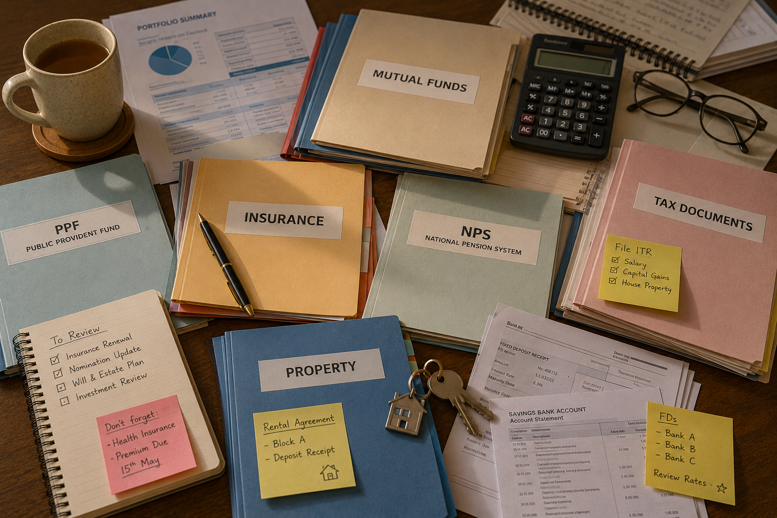 Close-up editorial composition of financial folders, house keys, calculator, and sticky notes
