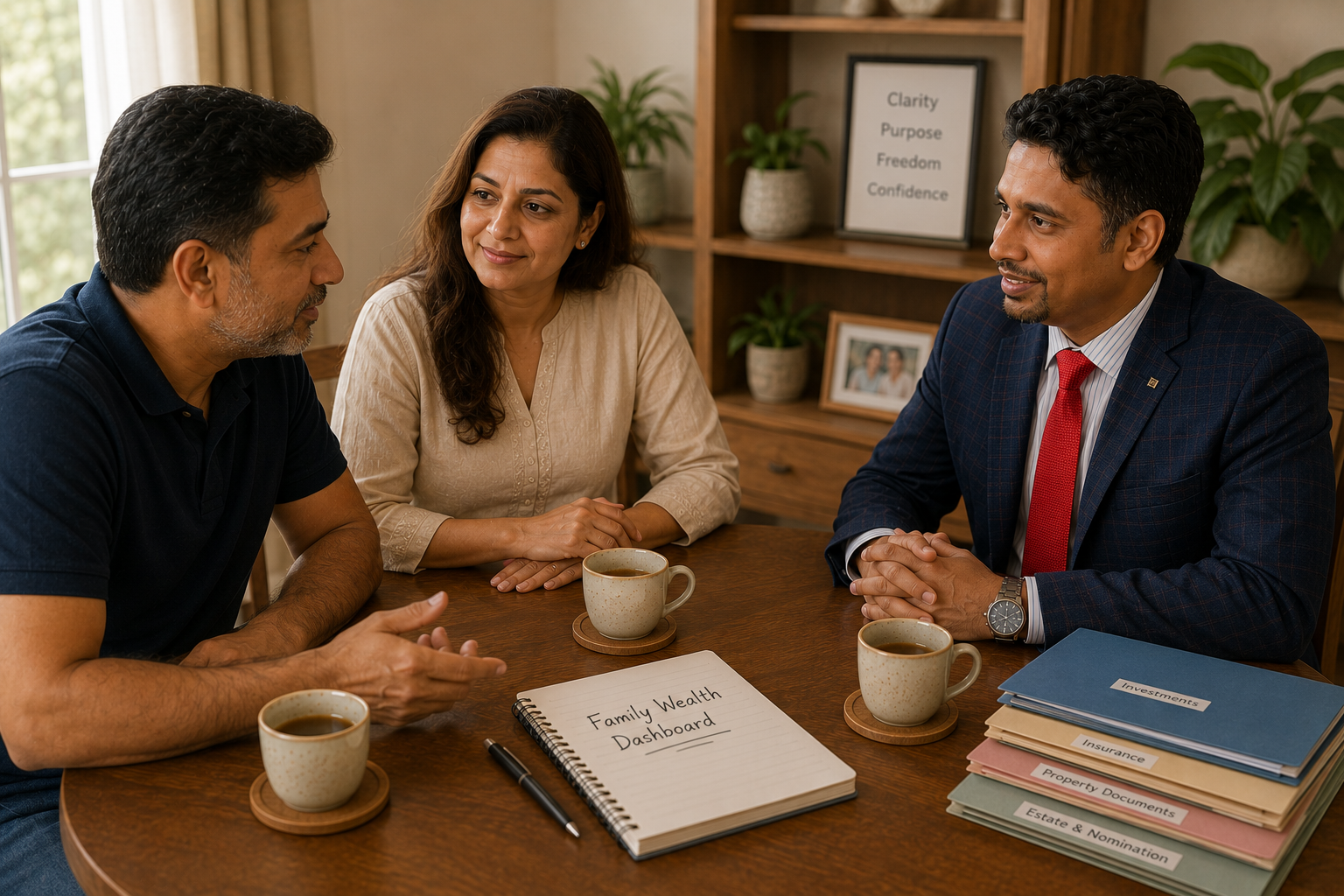 Meeting with the planner at a round wooden table, discussing the Family Wealth Dashboard