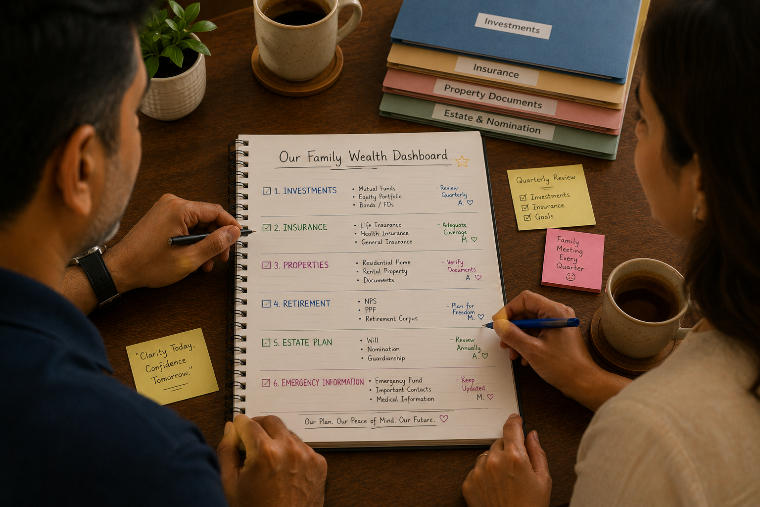 Over-the-shoulder view of a notebook titled Our Family Wealth Dashboard with neat checkmarks