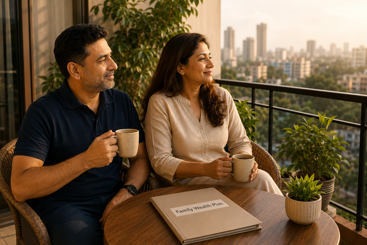 Rajesh and Meera enjoying a peaceful Sunday morning on their balcony overlooking the city