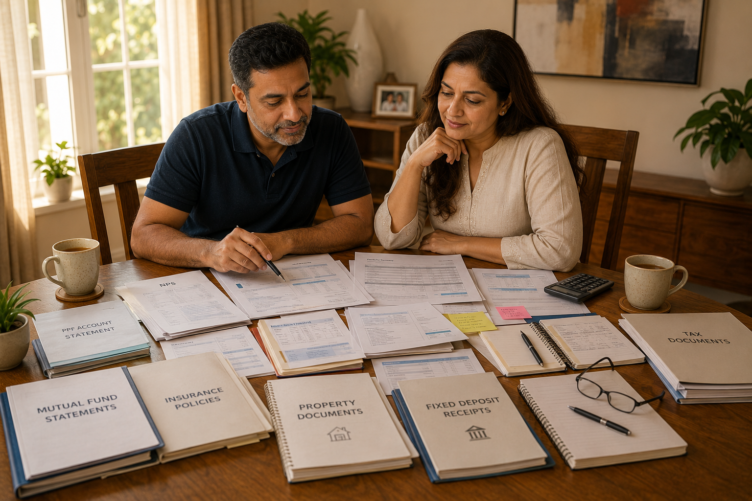 Rajesh and Meera seated at a large dining table covered with neatly spread financial documents