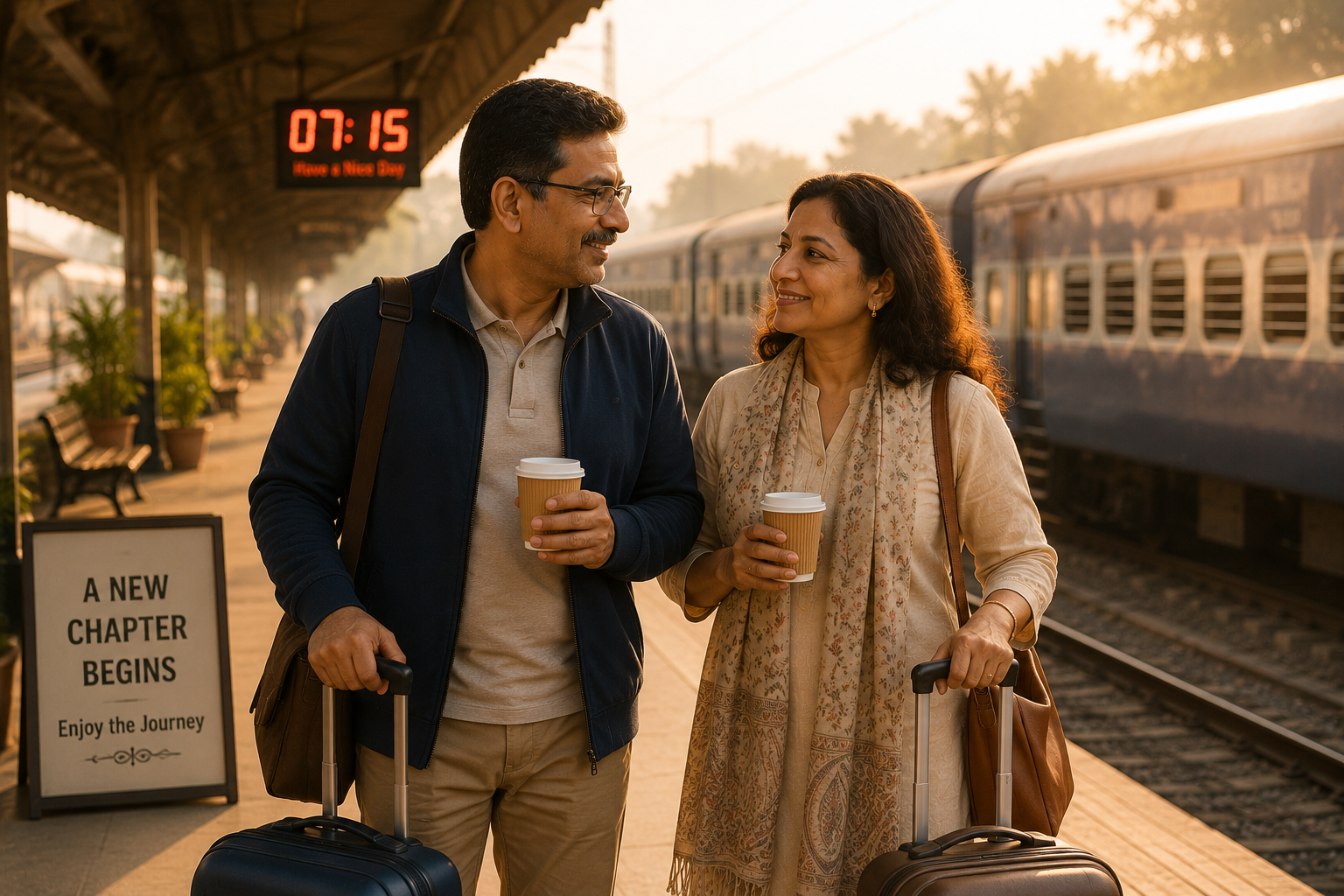 Sunil and Anjali standing on a quiet railway platform in the soft golden light of early morning