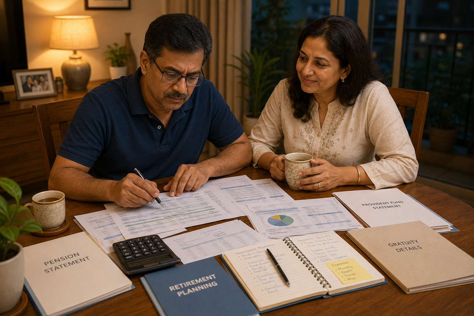 Sunil studying a spreadsheet thoughtfully while Anjali gently smiles at him with a cup of tea
