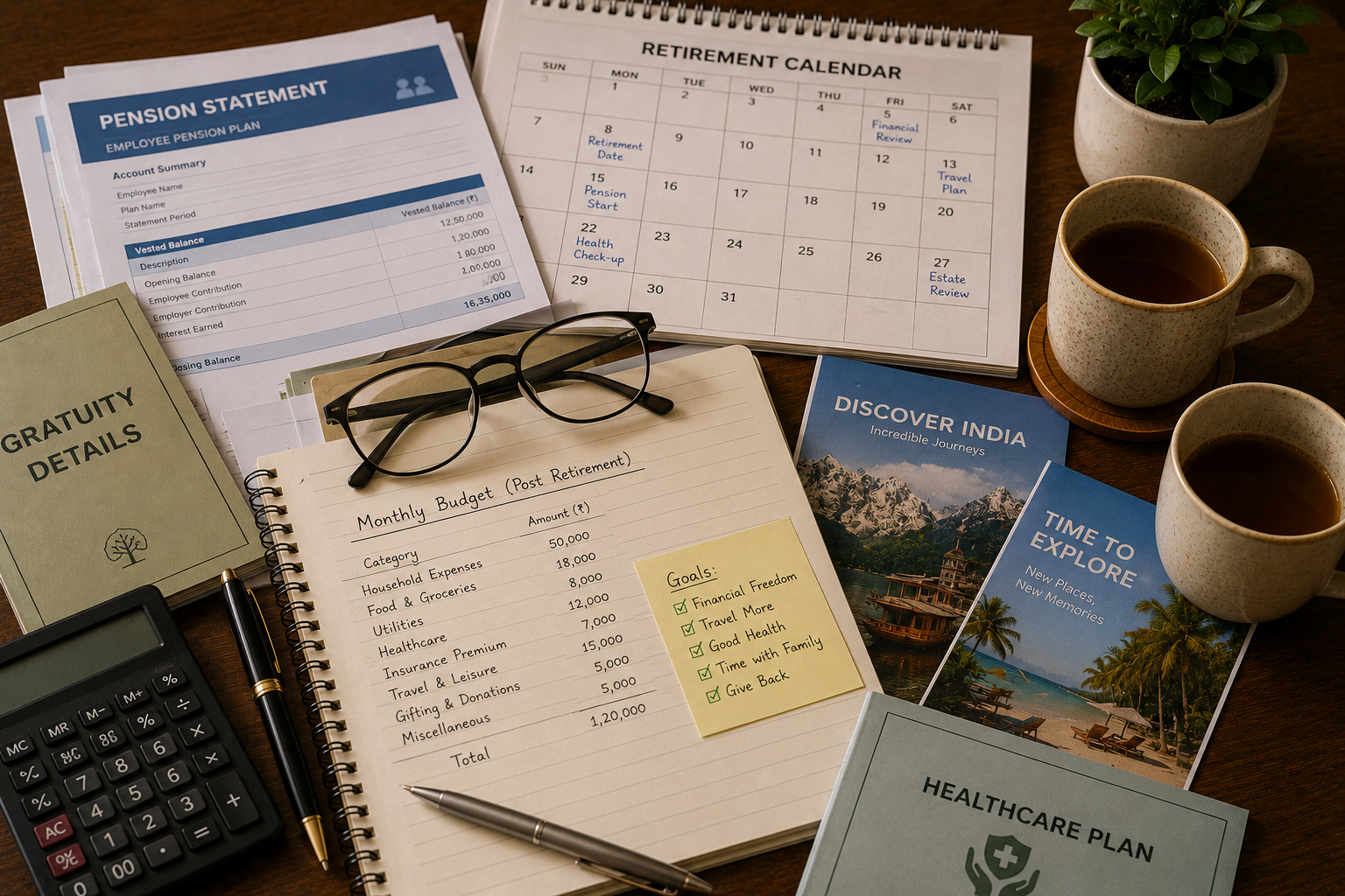 Close-up editorial composition of pension statements, a retirement calendar, travel brochures, and a handwritten budget