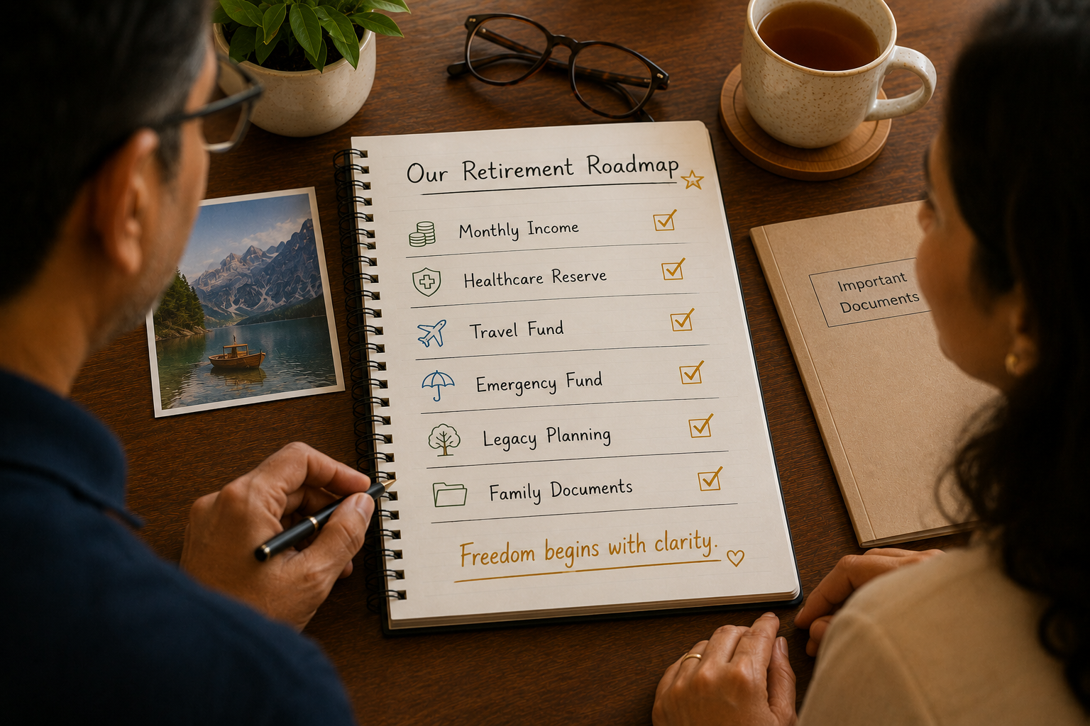Over-the-shoulder view of a notebook titled Our Retirement Roadmap with gold checkmarks