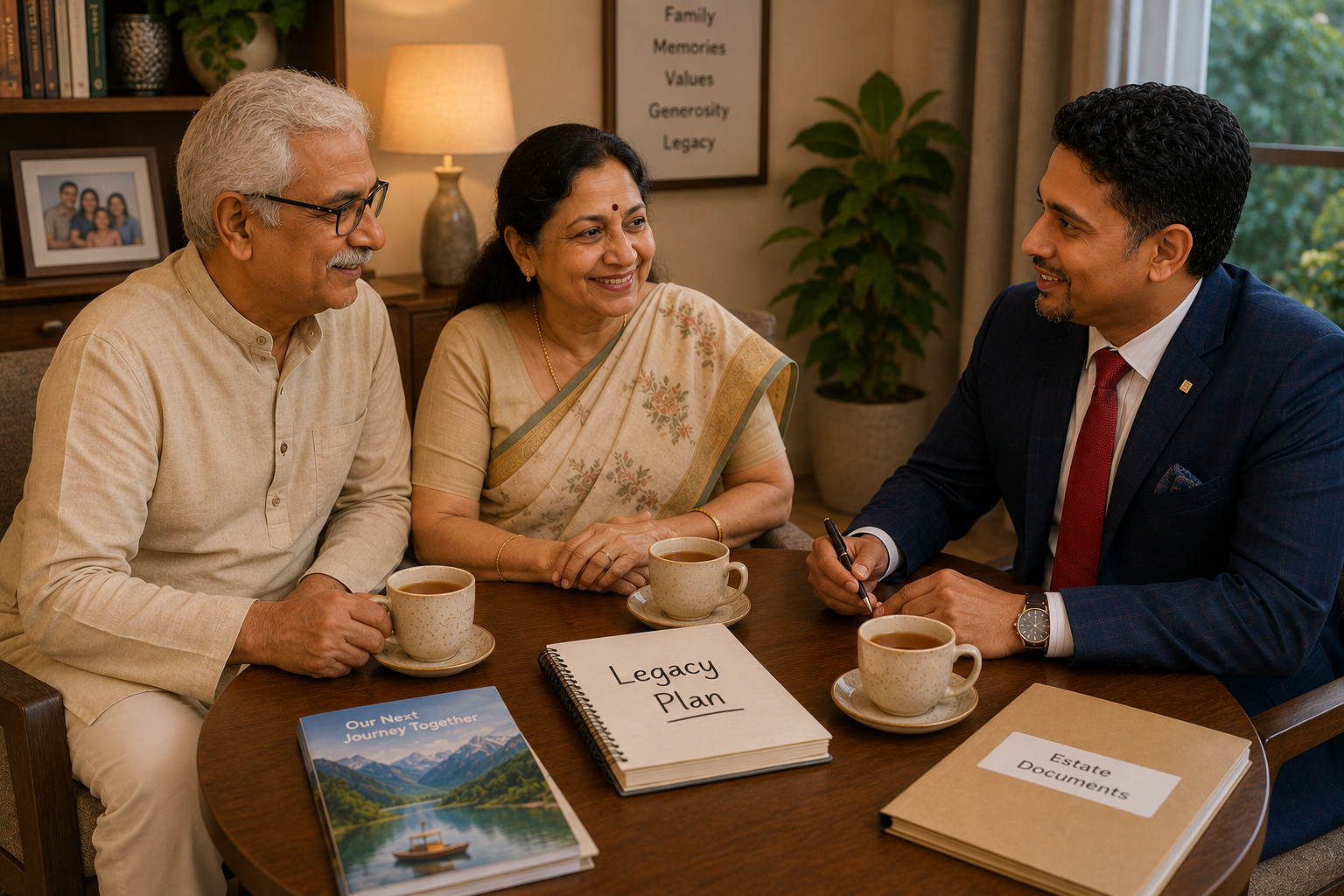 Comfortable sitting room, round table, notebook titled Legacy Plan, discussing travel and family