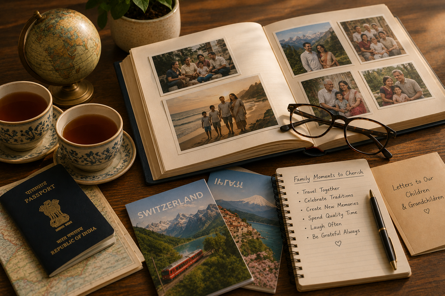 Close-up of a wooden coffee table with a photo album, travel brochures, passport, and tea