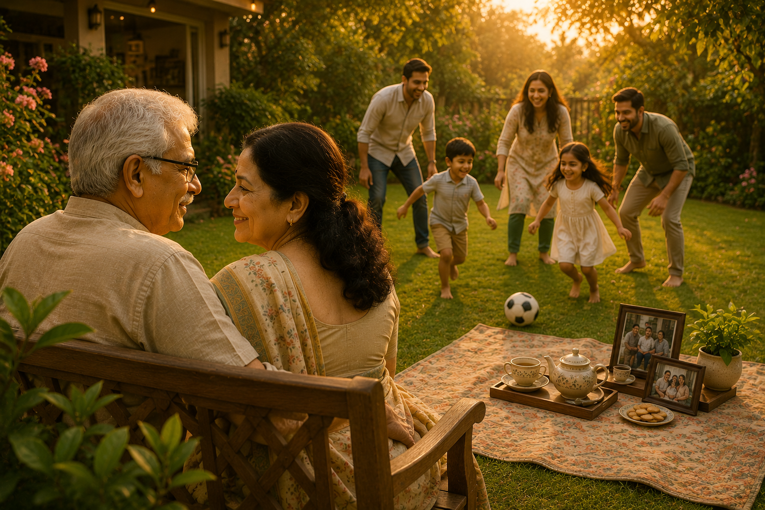 Golden evening in a garden. Vijay and Lakshmi sit watching their children and grandchildren laughing and playing.