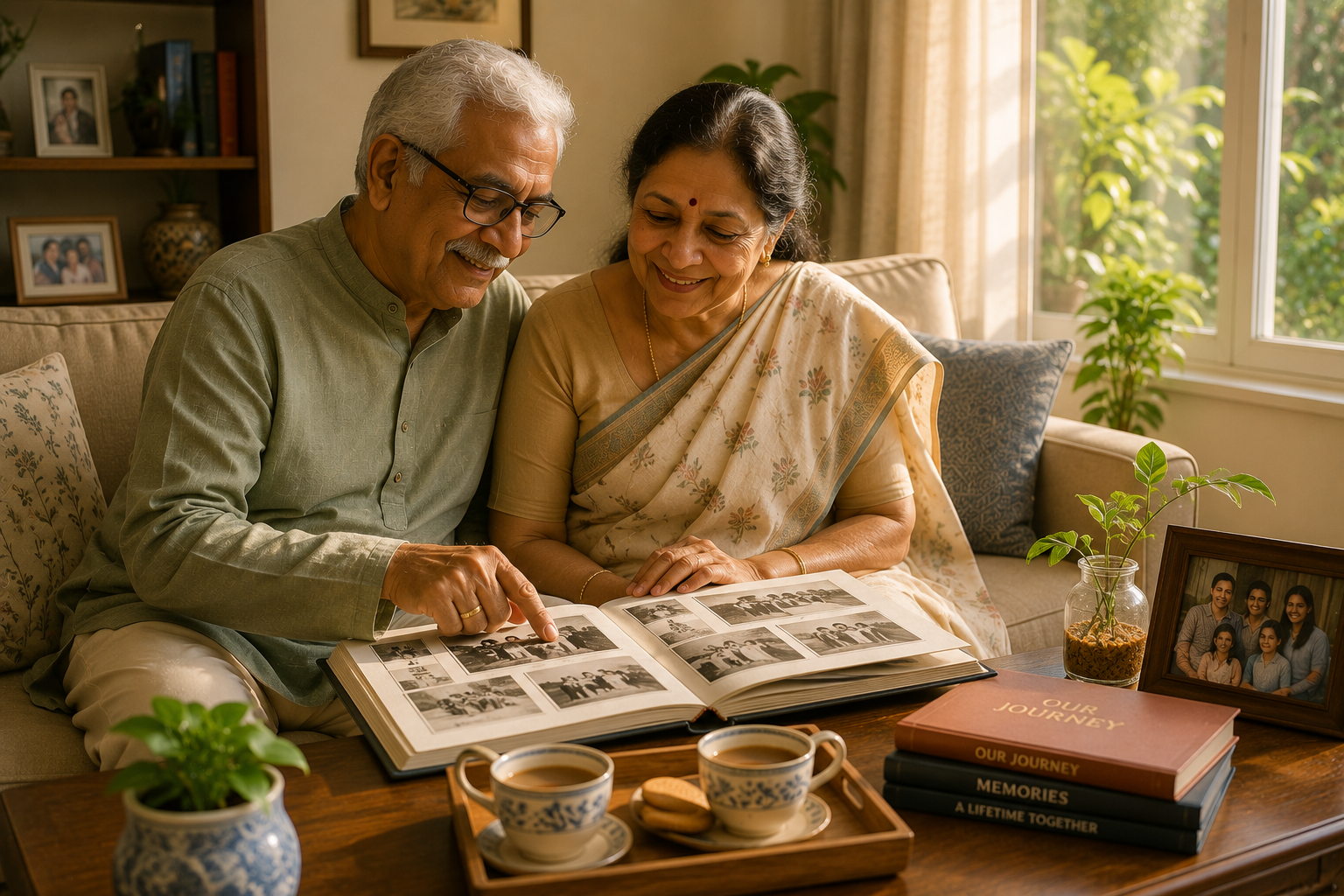 Vijay and Lakshmi sitting together on a sofa looking through an old family photo album in soft sunlight
