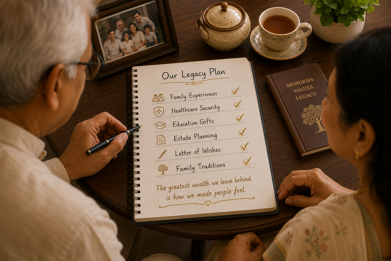 Over-the-shoulder view of a notebook titled Our Legacy Plan with elegant handwriting
